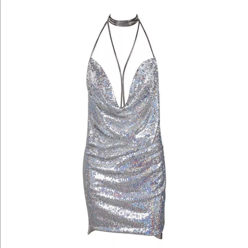 Silver hologram iridescent sequin glam dress plunge holiday party new years club - Picture 1 of 6